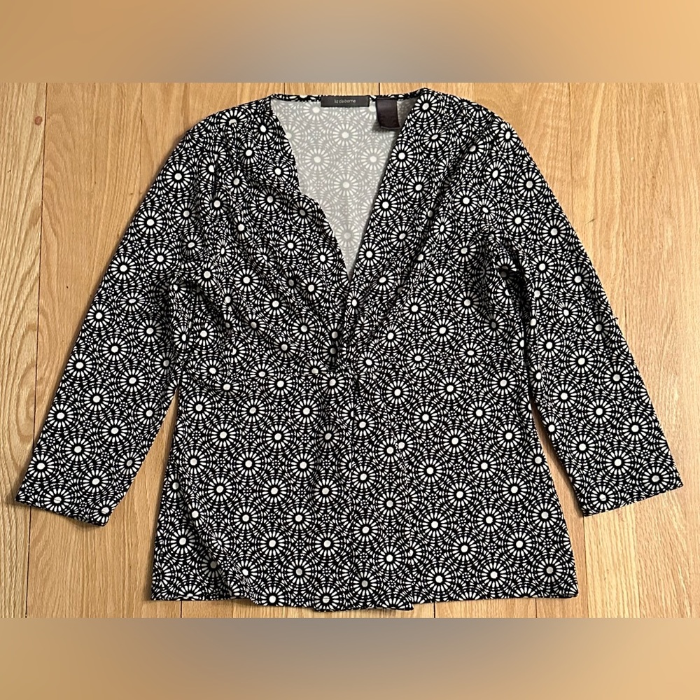 Liz Claiborne Women’s 3/4 Length Sleeve Dress Top, Black/White, Size Small